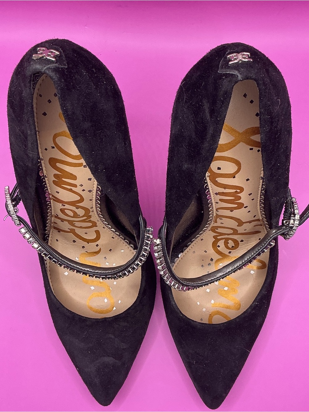 Sam Edelman Black Suede Rhinestone-Trim Mary Jane Heels